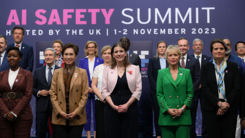 Technology Secretary Michelle Donelan (front row center) is joined by international counterparts for a group photo at the AI Safety Summit at Bletchley Park in Milton Keynes, Buckinghamshire on Wednesday November 1, 2023.