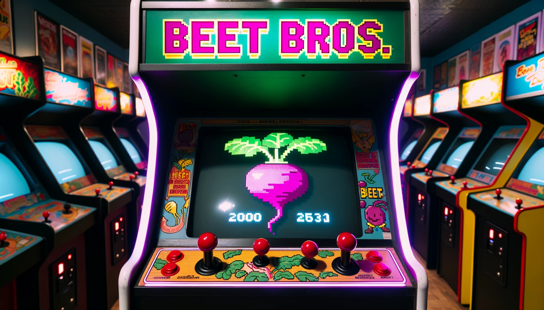 An AI-generated image of a fictional Beet Bros. arcade game, created by DALL-E 3.
