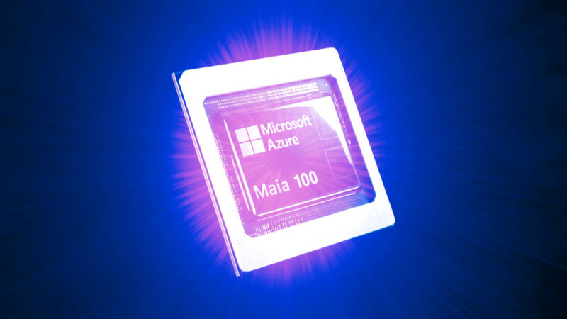 A photo of the Microsoft Azure Maia 100 chip that has been altered with splashes of color by the author to look as if AI itself were bursting forth from its silicon substrate.