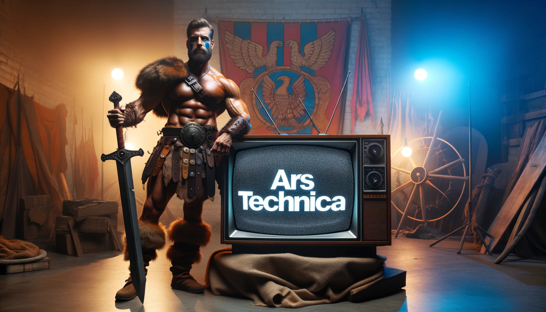 An example of DALL-E 3 rendering text: A muscular barbarian with weapons stands confidently beside a CRT television set displaying the text 'Ars Technica'. The scene is cinematic with 8K resolution and dramatic studio lighting.