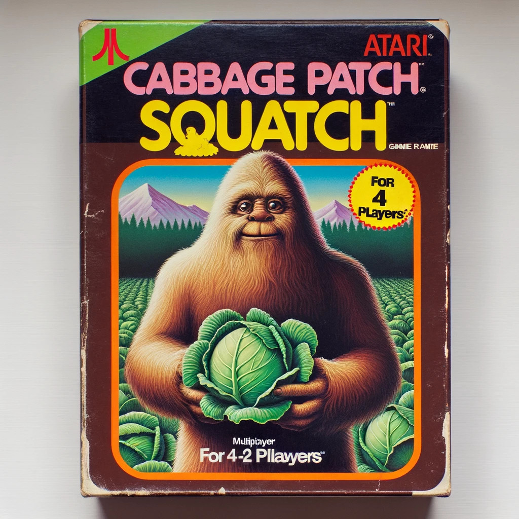An AI-generated image of a fictional Atari 2600 game, Cabbage Patch Squatch, created by DALL-E 3.