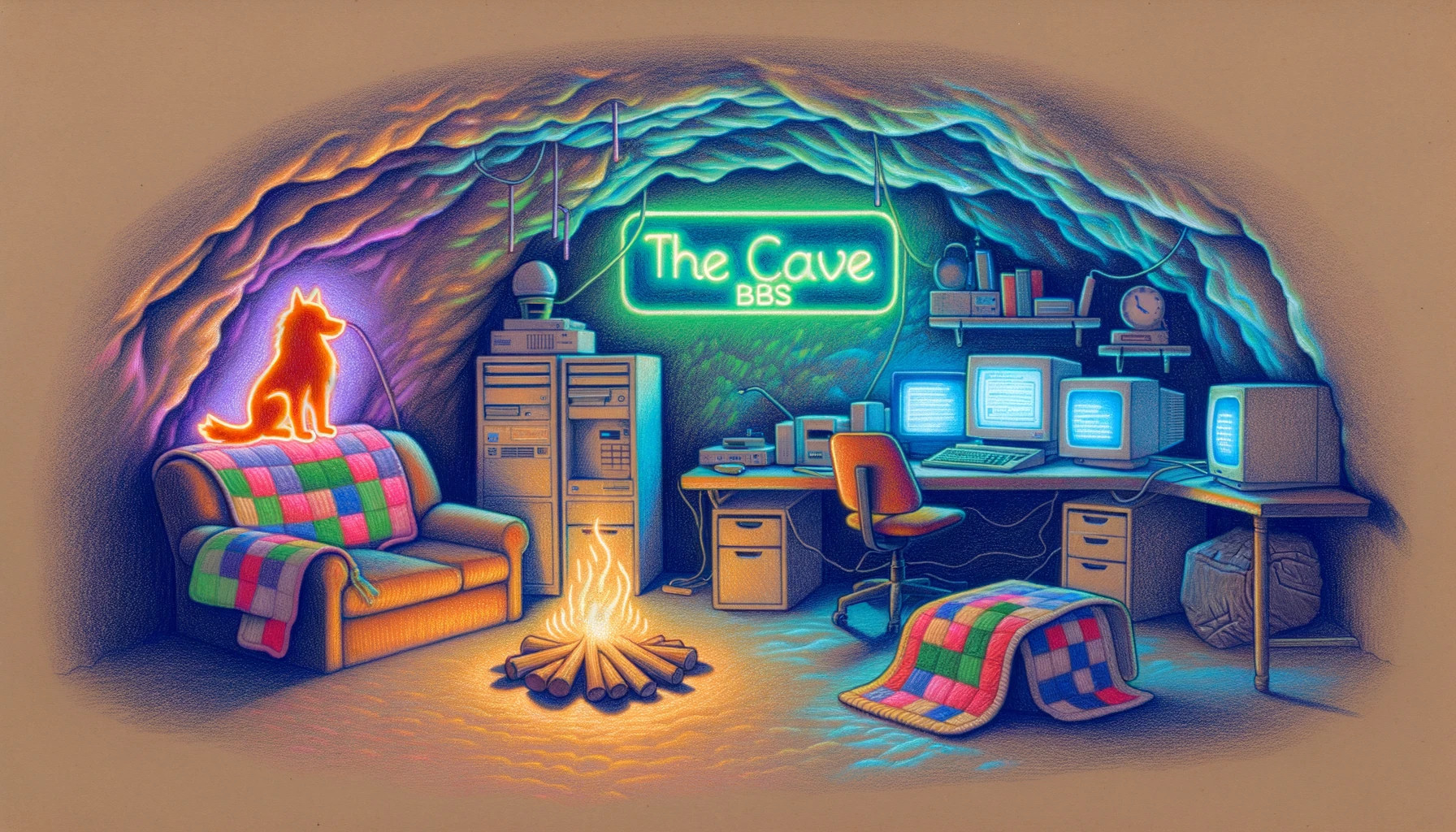 An AI-generated illustration of a promotional image for The Cave BBS, created by DALL-E 3.