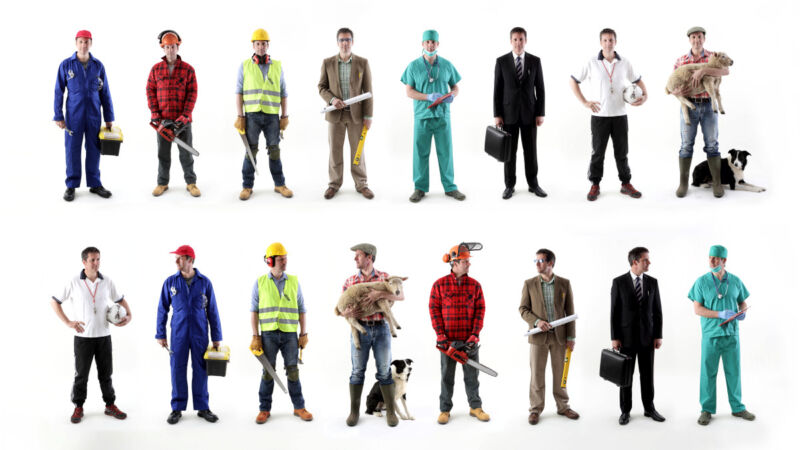 Stock photo of the same person dressed in different occupational outfits.