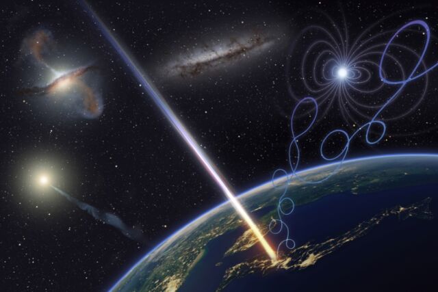 Illustration of ultra-high-energy cosmic ray astronomy to clarify extremely energetic phenomena.