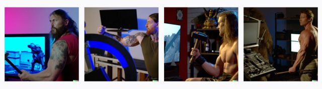What DALL-E 2 generated when we prompted our old standby, "a muscular barbarian with weapons beside a CRT television set, cinematic, 8K, studio lighting".