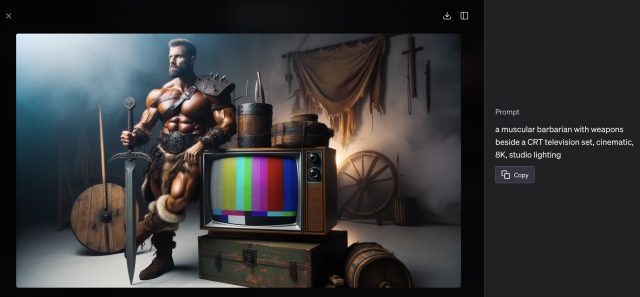 What DALL-E 3 generated when we prompted our old standby, "a muscular barbarian with weapons beside a CRT television set, cinematic, 8K, studio lighting".