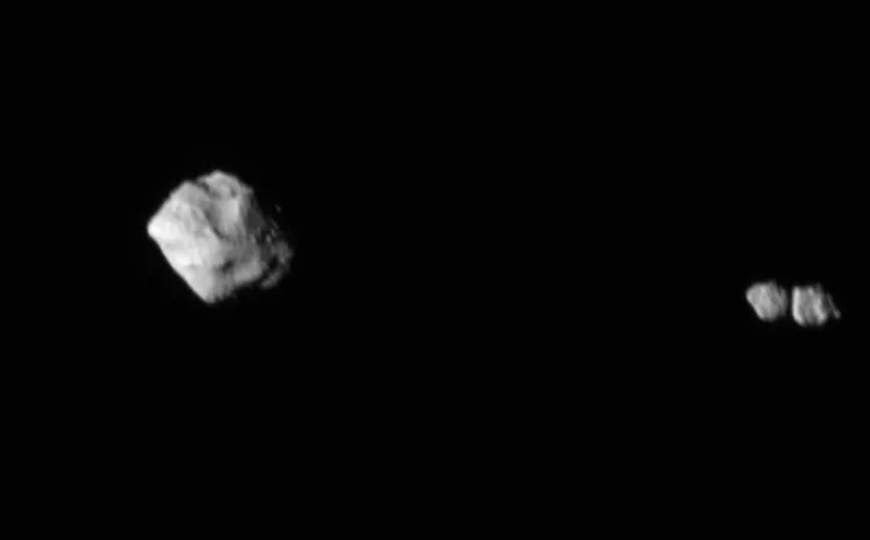 This image shows the asteroid Dinkinesh and its satellite as seen by the Lucy Long-Range Reconnaissance Imager (L’LORRI) as NASA’s Lucy Spacecraft departed the system. 