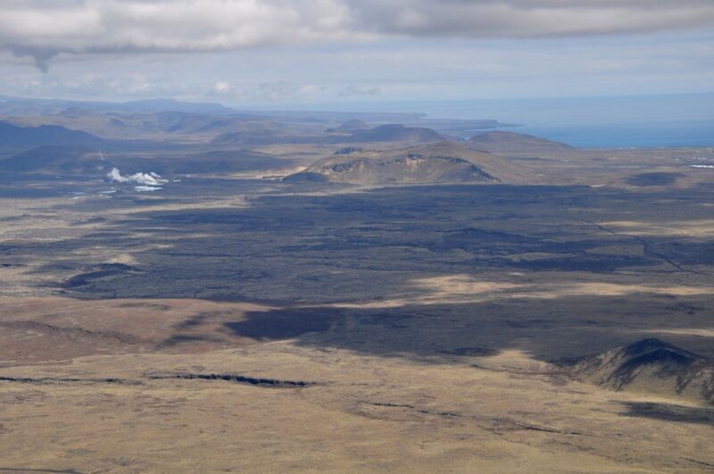 Aerial view of the Reykjanes Peninsula in Iceland and its lava fields.