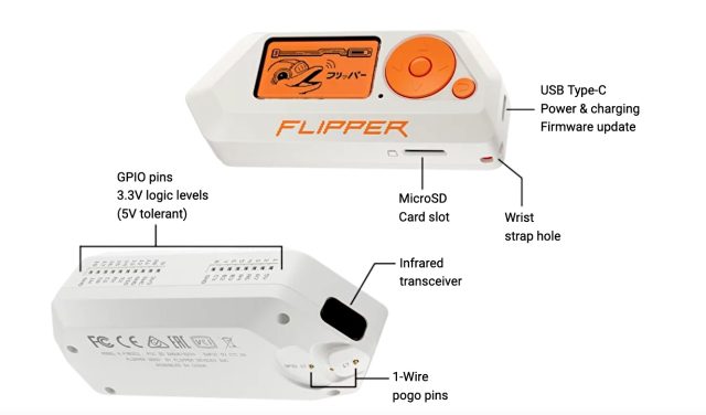 Vista inferior e traseira do Flipper Zero.