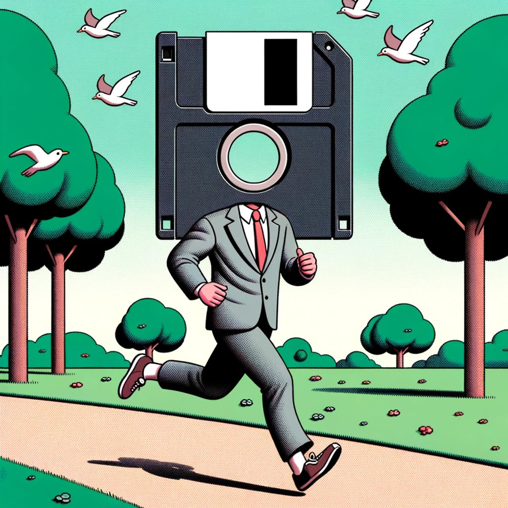 An AI-generated illustration of a running man with a floppy disk for a head, created by DALL-E 3.