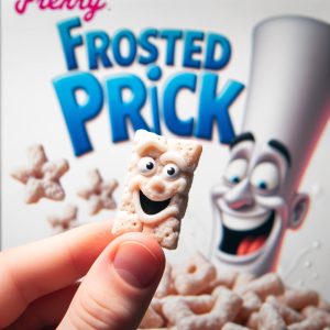 An AI-generated image of fictional "Frosted Prick" cereal created by DALL-E 3.