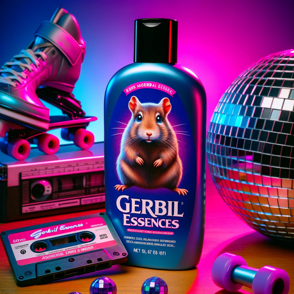 An AI-generated render-style image of a fictional 1990s Gerbil Essences shampoo ad, created by DALL-E 3.