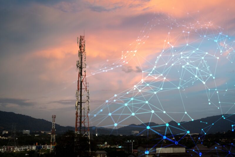 Photo of a telecommunications tower combined with an illustration of radio signals.