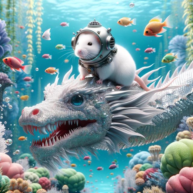 An AI-generated image of a hamster riding a dragon underwater created by DALL-E 3.