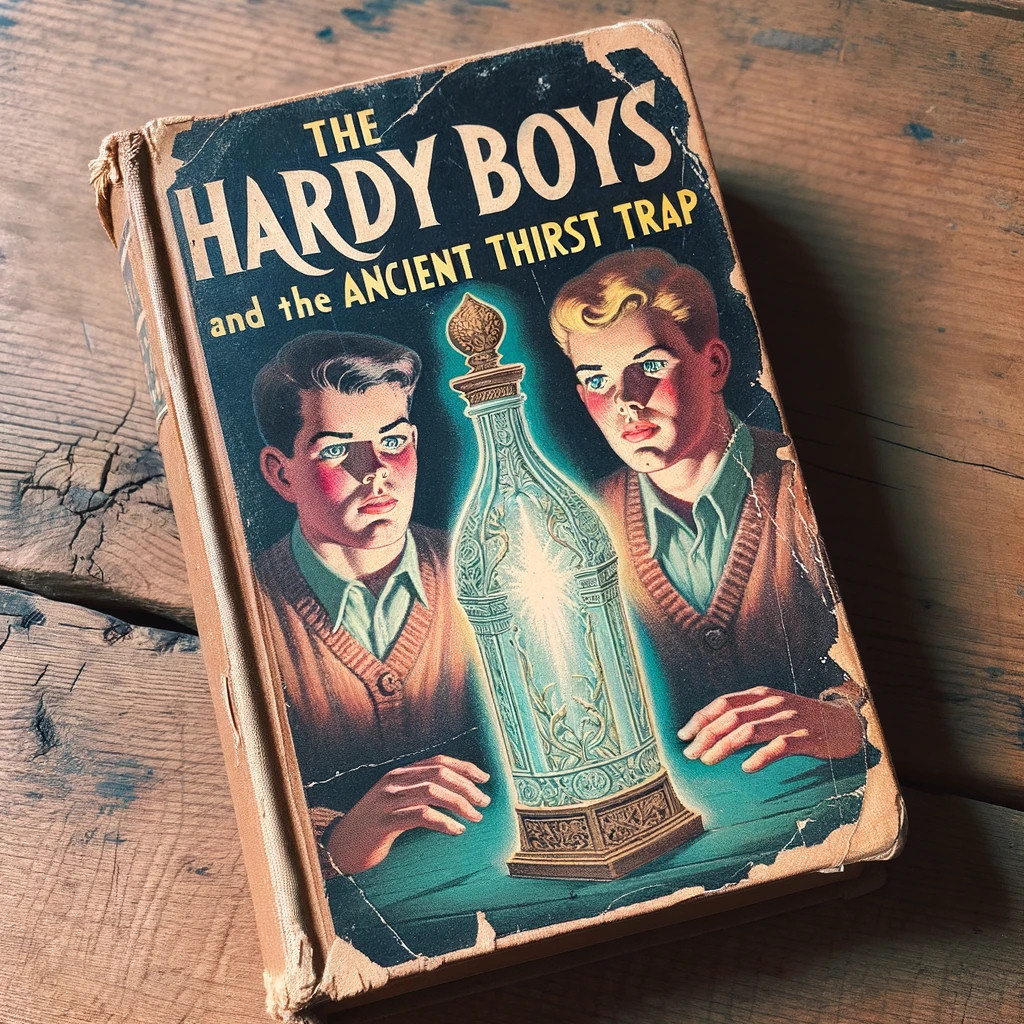 An AI-generated image of a fictional book, The Hardy Boys and the Ancient Thirst Trap, created by DALL-E 3.