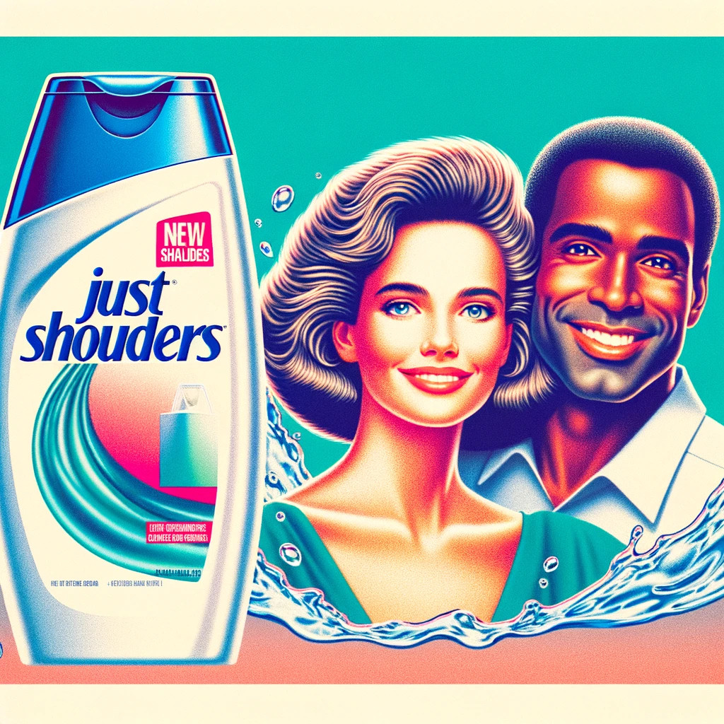 An AI-generated image of a fictional 1990s Just Shoulders shampoo ad created by DALL-E 3.
