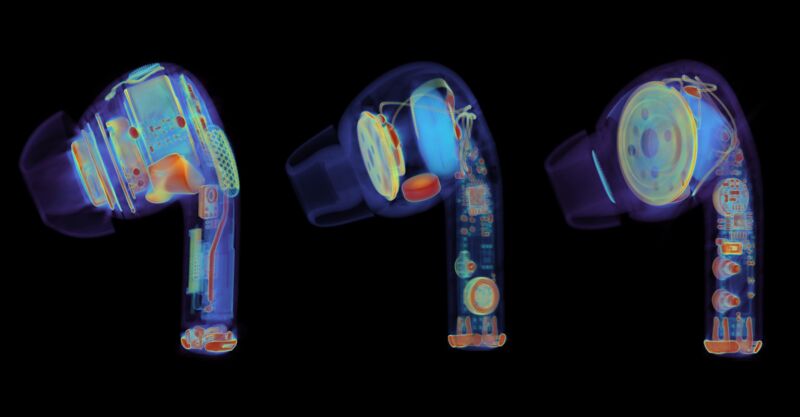 Lumafield's blog shared this image showing CT scans of three earbuds. The left is a real AirPods Pro (2nd Gen). The wire-riddled two on the right are fakes. 