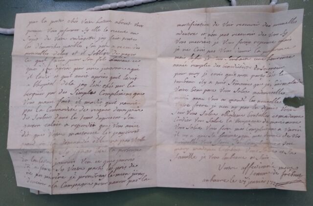 Lettre de Marguerite à son fils Nicolas Quesnel (27 janvier 1758), dans laquelle elle dit : "Je suis pour le tombeau."