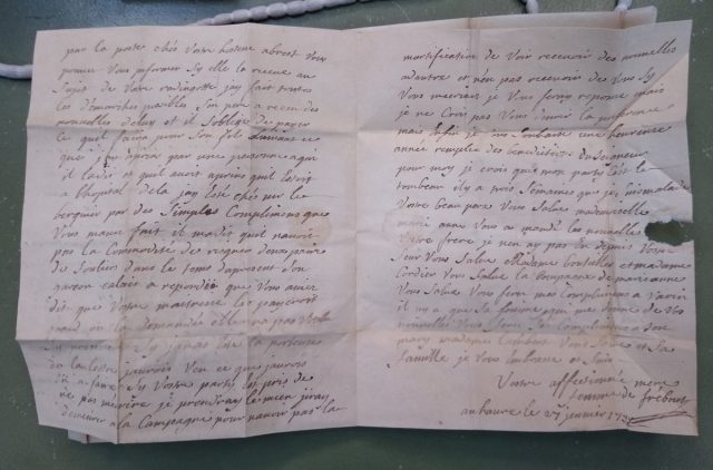 Carta de Marguerite a su hijo Nicolas Quesnel (27 de enero de 1758), en la que dice: "Estoy por la tumba."