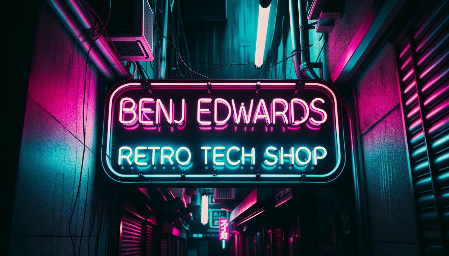 An AI-generated image of a neon shop sign created by DALL-E 3.