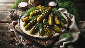 An AI-generated image of a plate of pickles created by DALL-E 3.