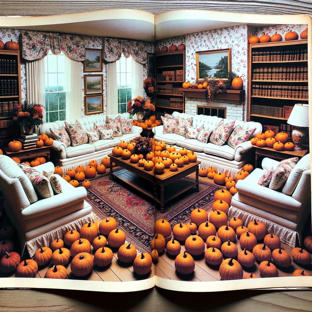 An AI-generated fictional 1980s home magazine decoration spread of way too many pumpkins, created by DALL-E 3.
