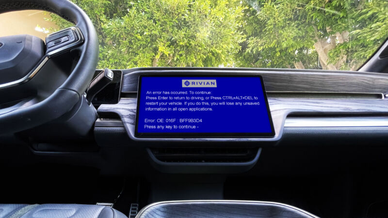 A blue screen of death photoshopped onto a Rivian infotainment screen