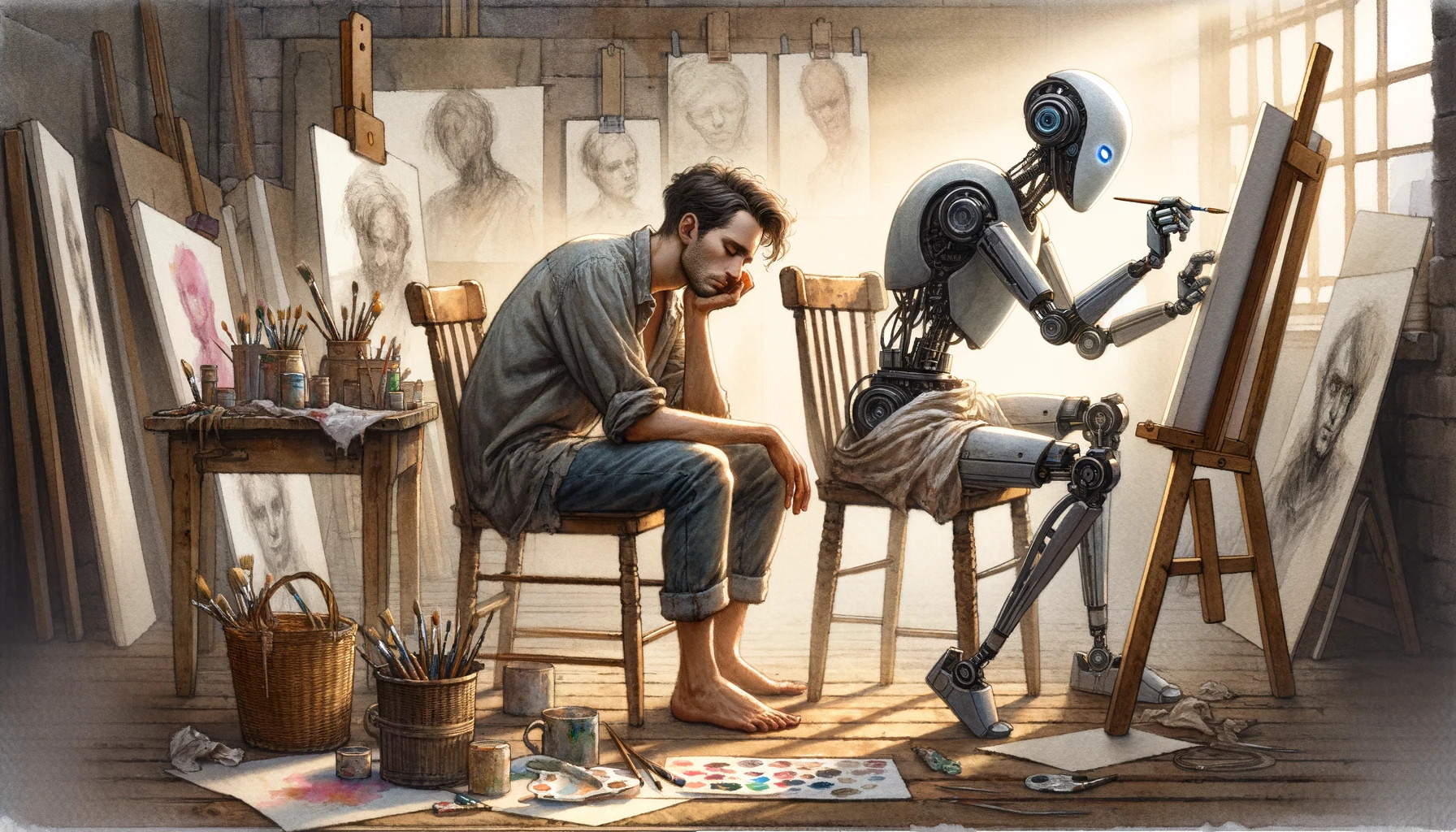 An AI-generated DALL-E 3 image of an artist sitting by while a robot paints for him.