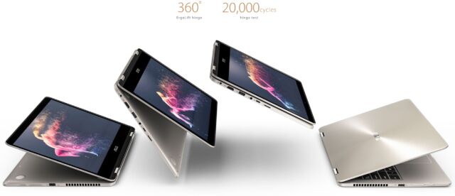 Uma captura de tela da página do produto ZenBook Flip 14 da Asus que anuncia a dobradiça em questão. 