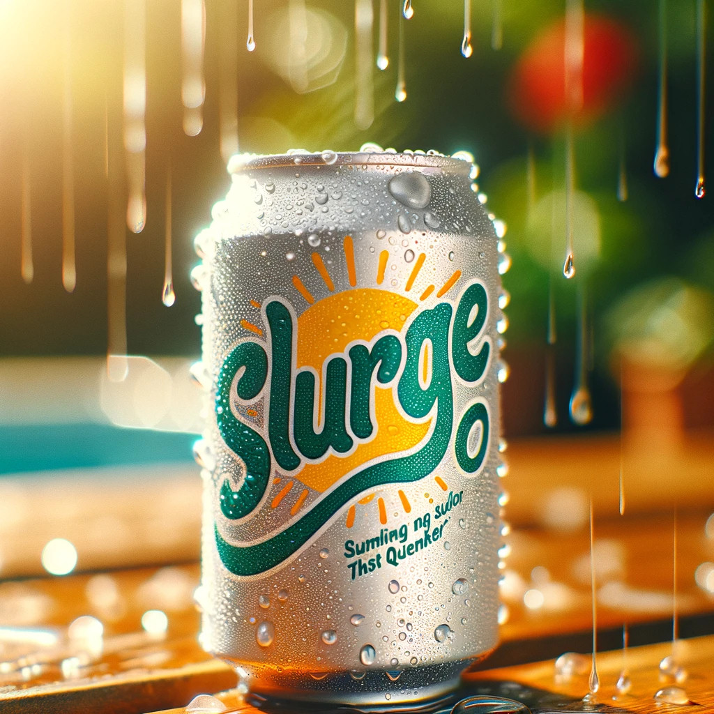 An AI-generated promotional photo of a fictional Slurge soft drink, created by DALL-E 3.