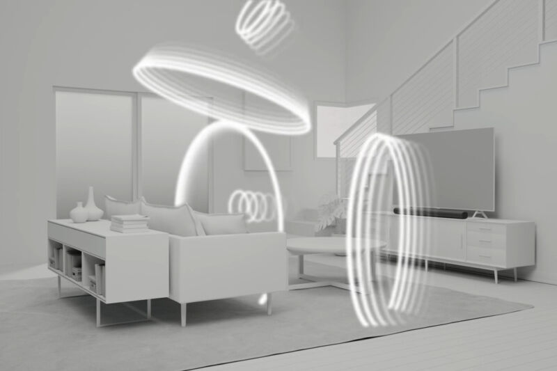 Sonos Arc with Dolby Atmos illustrated in bouncing circular waves, in grayscale