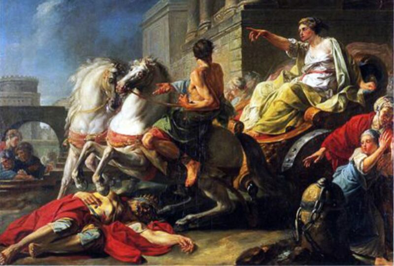 painting showing ancient roman woman in chariot running over body of a man in the road