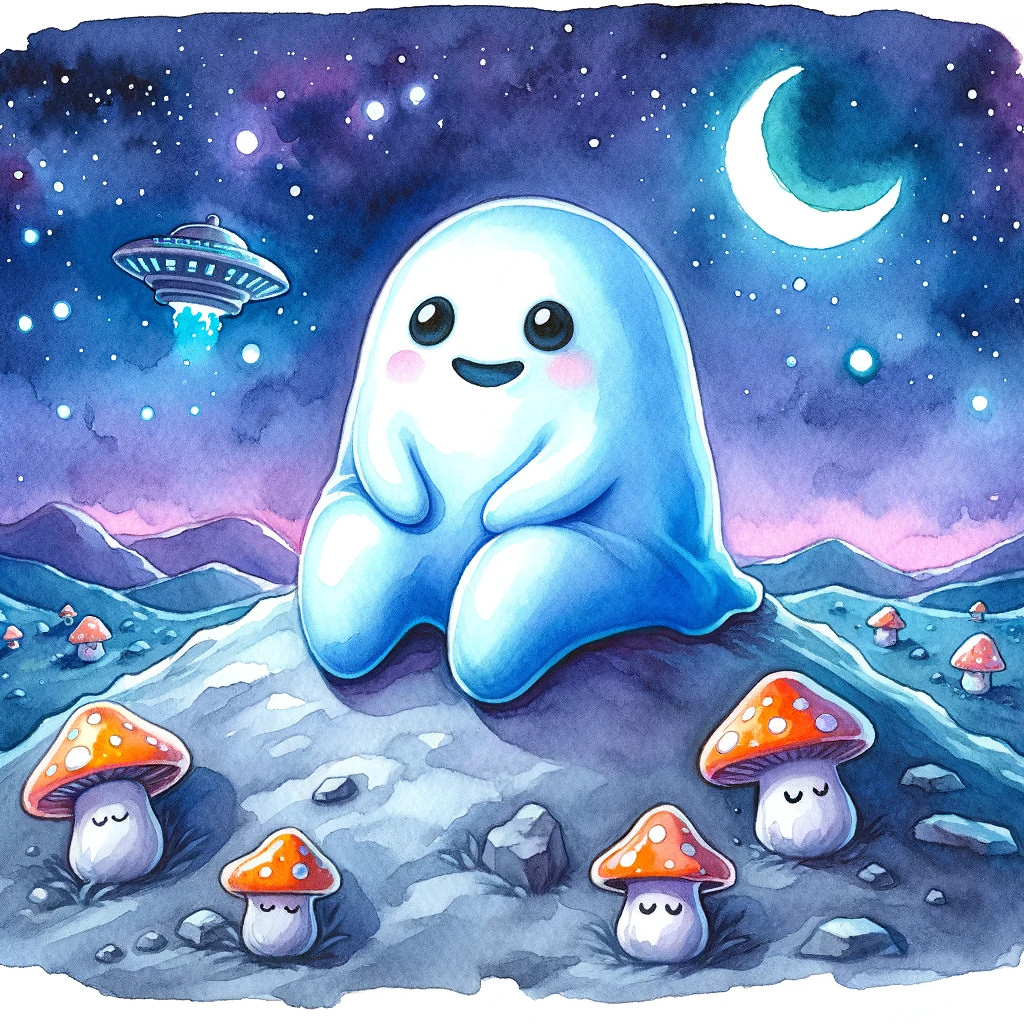 An AI-generated watercolor image of a ghost sitting on a planet, created by DALL-E 3.
