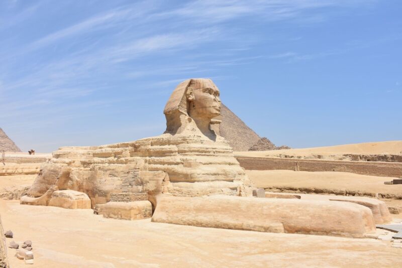 Frontal take into story of the Gigantic Sphinx of Giza in Egypt