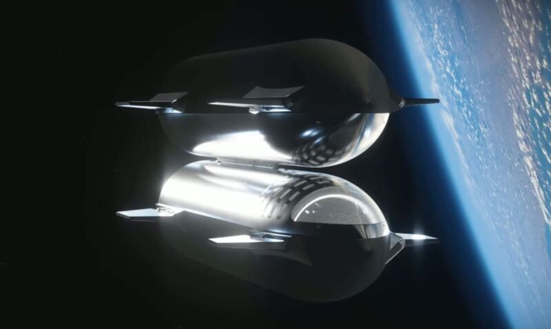 Artist's illustration of two Starships docked belly-to-belly in orbit. 