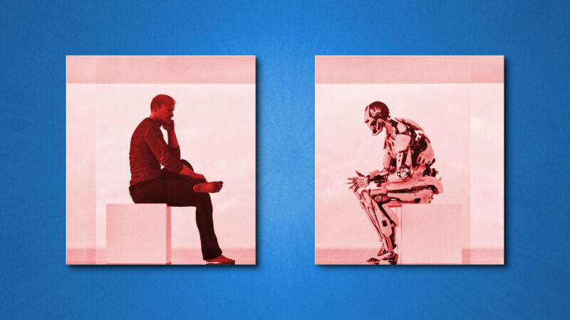 An illustration of a man and a robot sitting in boxes, talking.