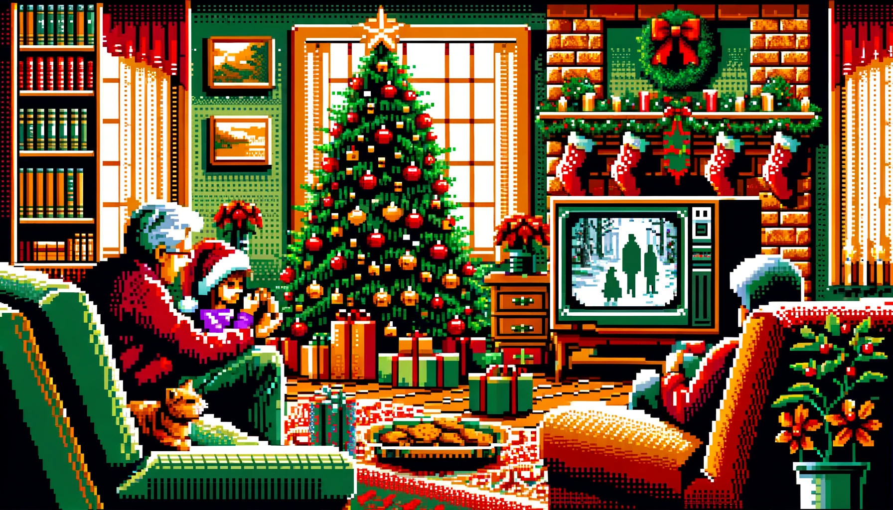 An AI-generated image of a pixelated Christmas scene created by DALL-E 3.