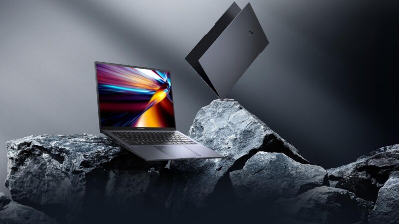 A marketing image for Asus' Zenbook Pro 14 OLED, which Lenovo is accusing of patent infringement.