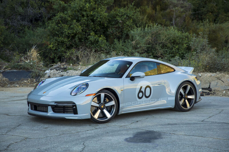 A grey Porsche 911 Sport Classic parked in the Angeles National Forest