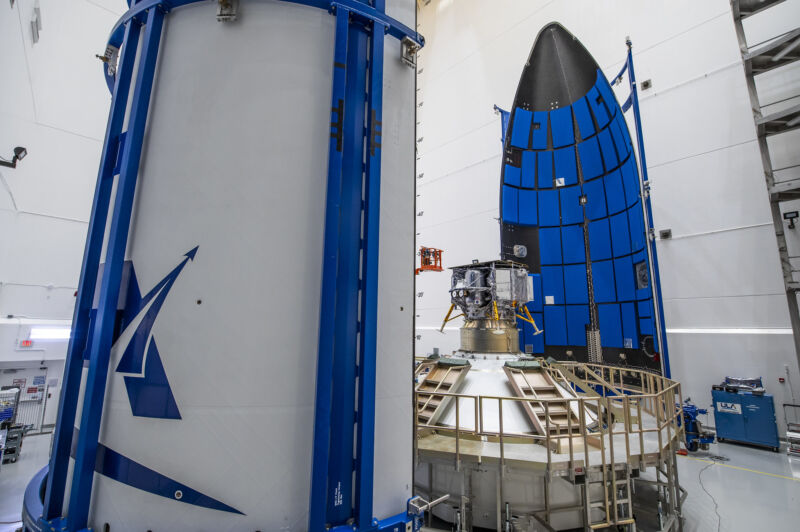 Astrobotic's Peregrine lander is seen recently encapsulated inside the Vulcan rocket's payload fairing.