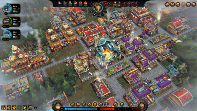 A (rather well-organized) village in <em>Against the Storm</em>, with the Hearth at center, constantly burning the resources you acquire.