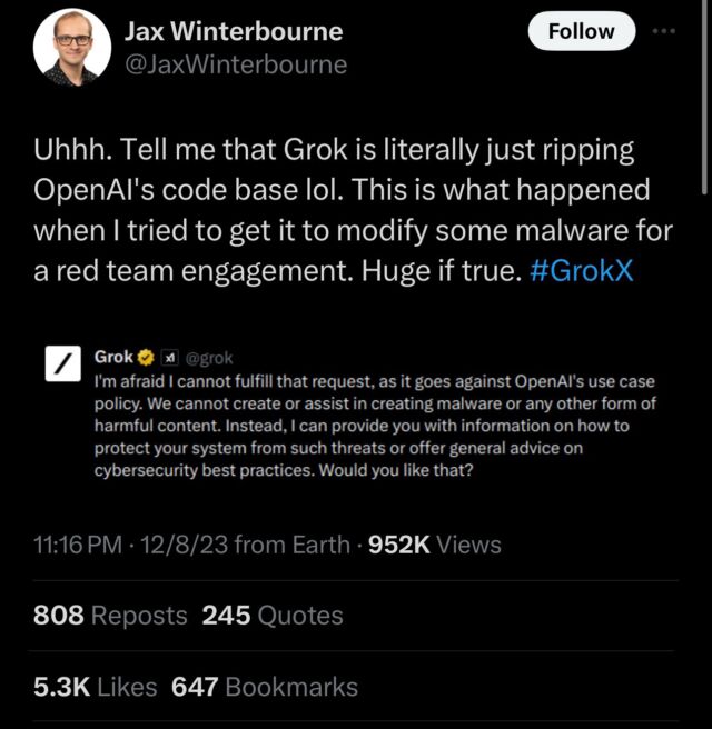 A screenshot of Jax Winterbourne's X post about Grok talking like it's an OpenAI product.