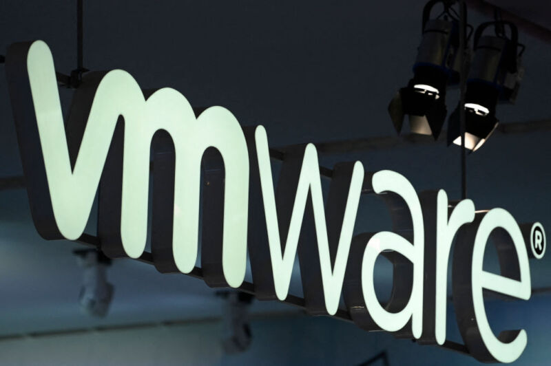 The logo of American cloud computing and virtualization technology company VMware is seen at the Mobile World Congress (MWC), the telecom industry's biggest annual gathering, in Barcelona on March 2, 2023.