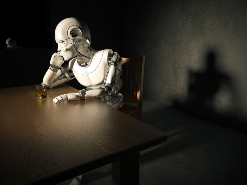 A white android sitting at a table in a depressed manner with an alchoholic drink. Very high resolution 3D render.