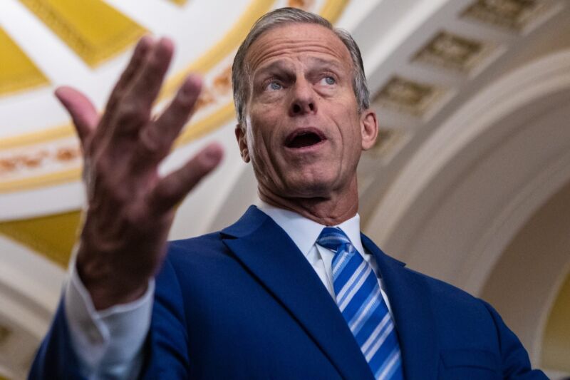 Senate Minority Whip John Thune gestures with his right hand while speaking to reporters.