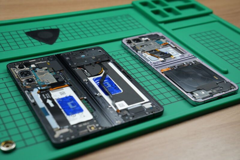 The Galaxy Z Fold5 and Flip5, being carefully taken apart.