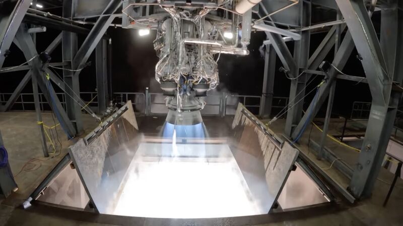 Relativity Space's Aeon R engine fires up on a test stand in Mississippi.