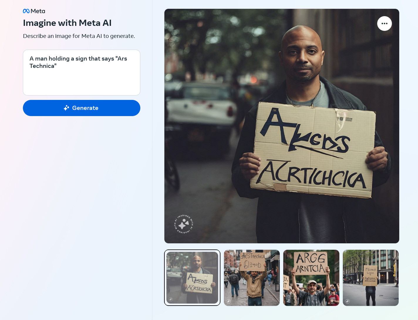 AI-generated images of a man holding a sign that says 'Ars Technica' created by Meta Emu on the Imagine with Meta AI website.