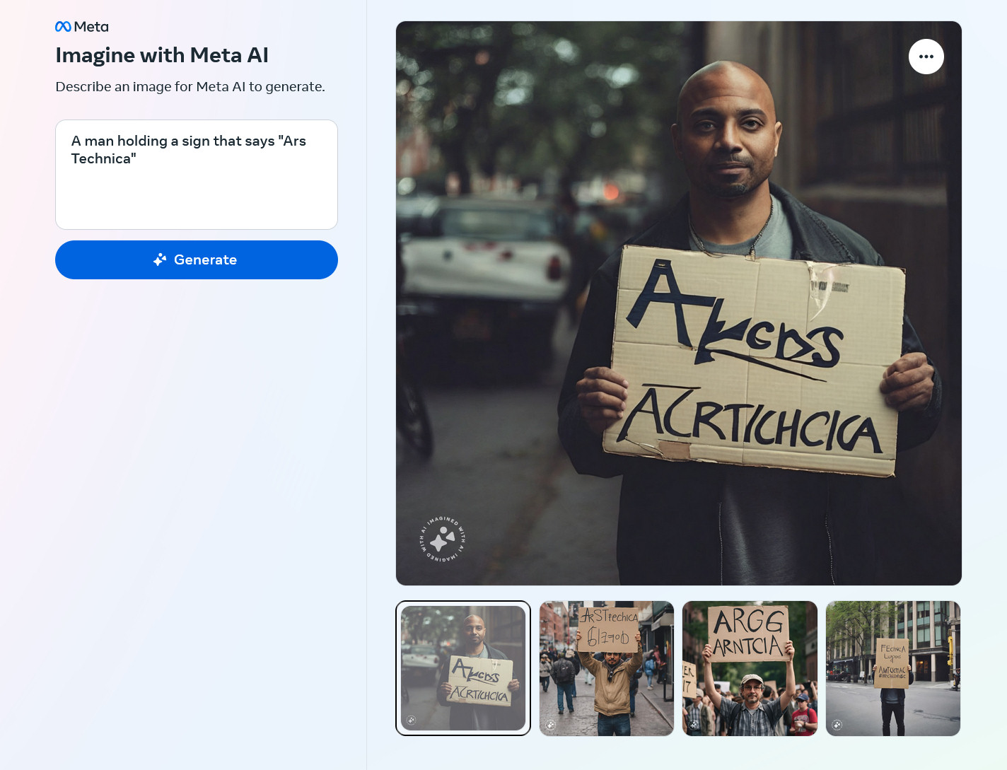 AI-generated images of a man holding a sign that says 'Ars Technica' created by Meta Emu on the Imagine with Meta AI website.'Ars Technica' created by Meta Emu on the Imagine with Meta AI website.