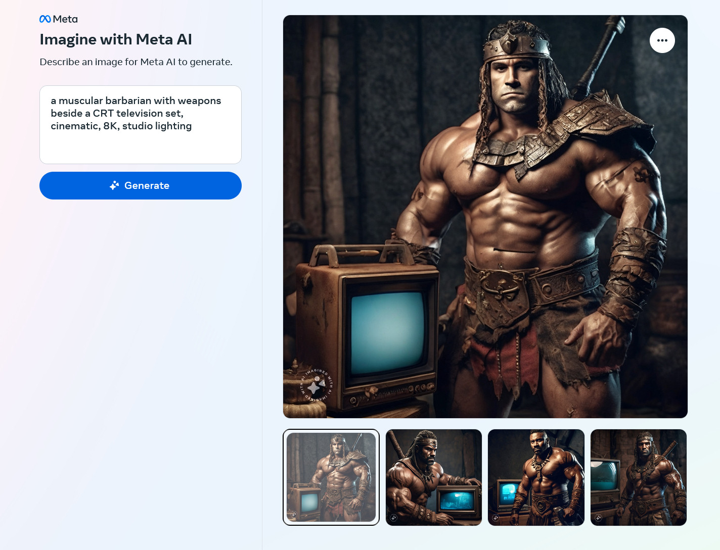 AI-generated images of a muscular barbarian with weapons beside a CRT television set, cinematic, 8K, studio lighting created by Meta Emu on the Imagine with Meta AI website.